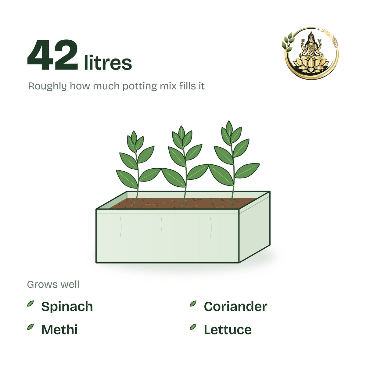 24 × 12 × 9 inch grow bag filled with potting mix and a young plant; holds about 42 litres; suits spinach, coriander, methi and lettuce