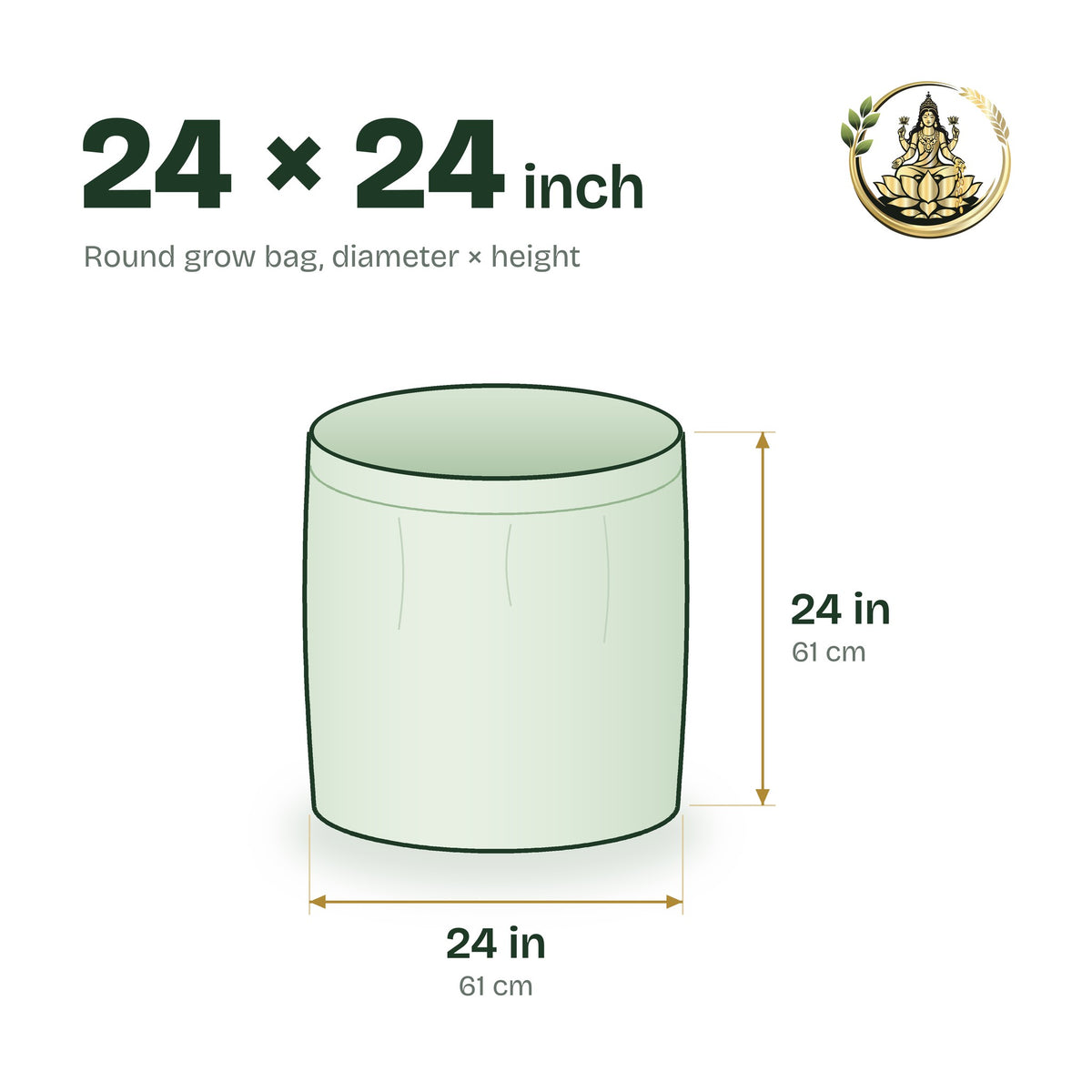 Size guide for the 24 × 24 inch round grow bag