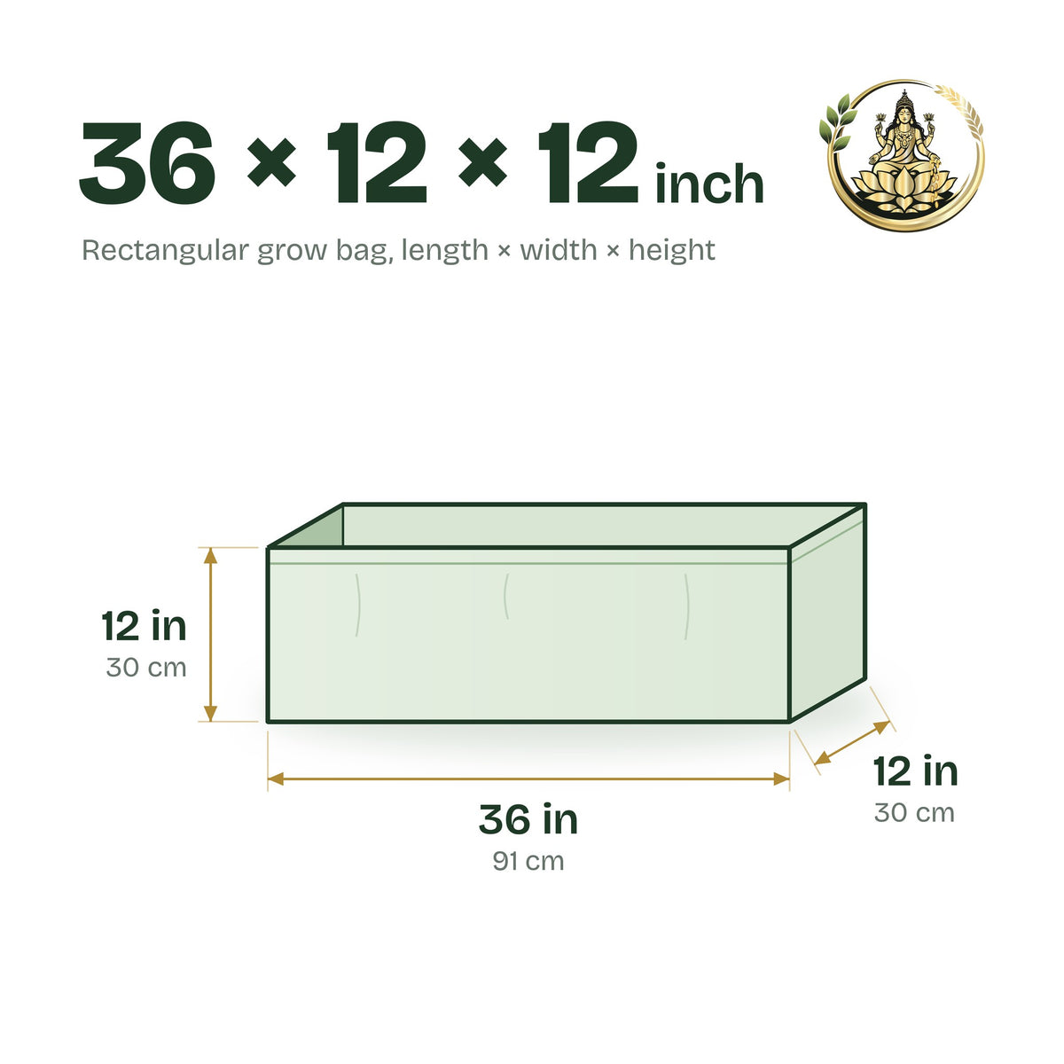 Size guide for the 36 × 12 × 12 inch rectangular grow bag