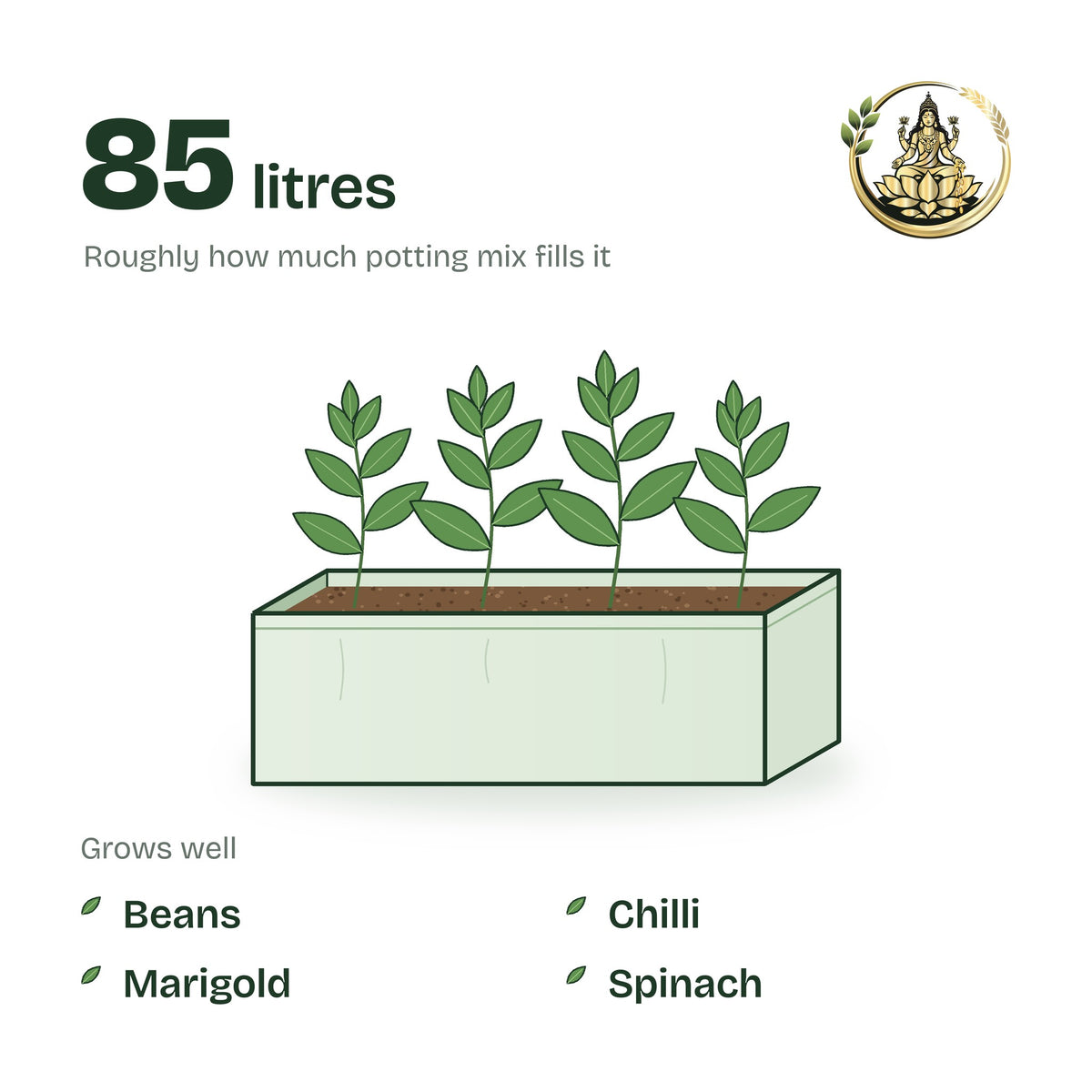 36 × 12 × 12 inch grow bag filled with potting mix and a young plant; holds about 85 litres; suits beans, chilli, marigold and spinach