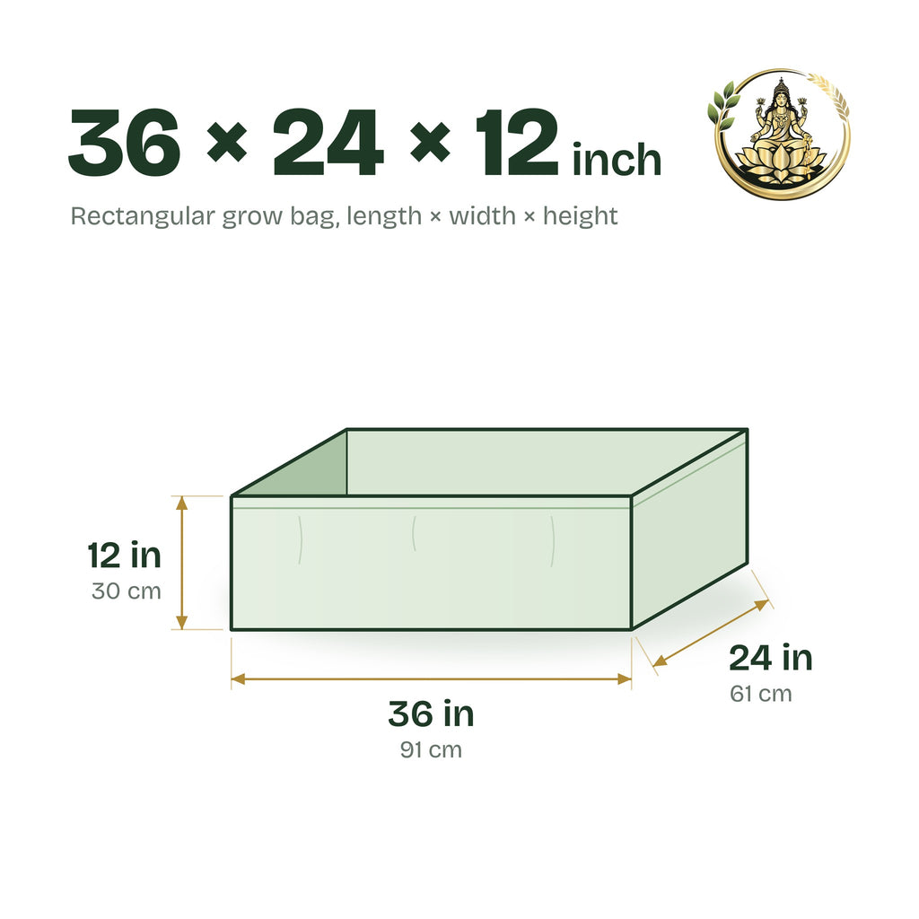 Size guide for the 36 × 24 × 12 inch rectangular grow bag