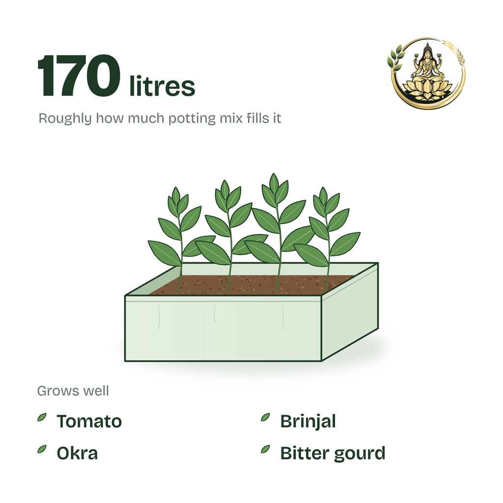 36 × 24 × 12 inch grow bag filled with potting mix and a young plant; holds about 170 litres; suits tomato, brinjal, okra and bitter gourd