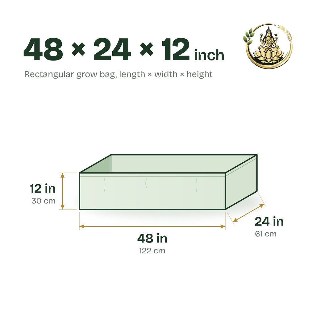 Size guide for the 48 × 24 × 12 inch rectangular grow bag