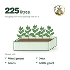48 × 24 × 12 inch grow bag filled with potting mix and a young plant; holds about 225 litres; suits mixed greens, okra, beans and bottle gourd