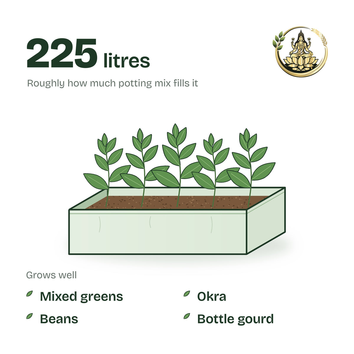 48 × 24 × 12 inch grow bag filled with potting mix and a young plant; holds about 225 litres; suits mixed greens, okra, beans and bottle gourd