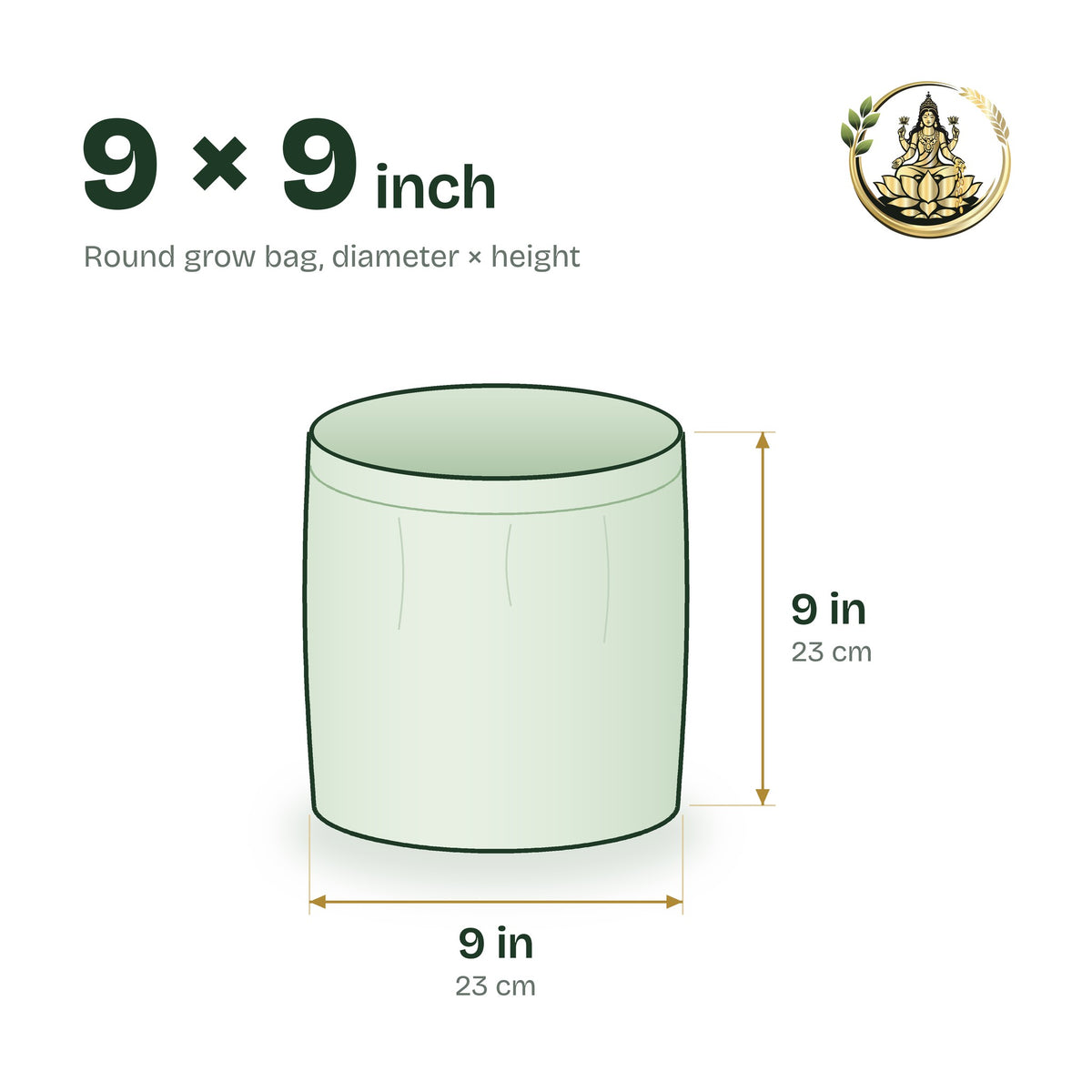 Size guide for the 9 × 9 inch round grow bag