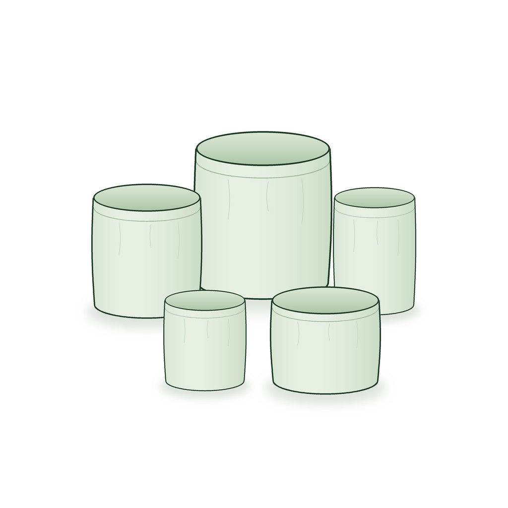 Five round grow bags in five sizes, grouped together