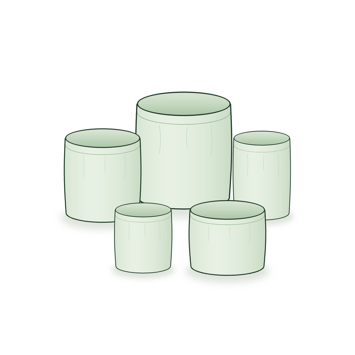 Five round grow bags in five sizes, grouped together