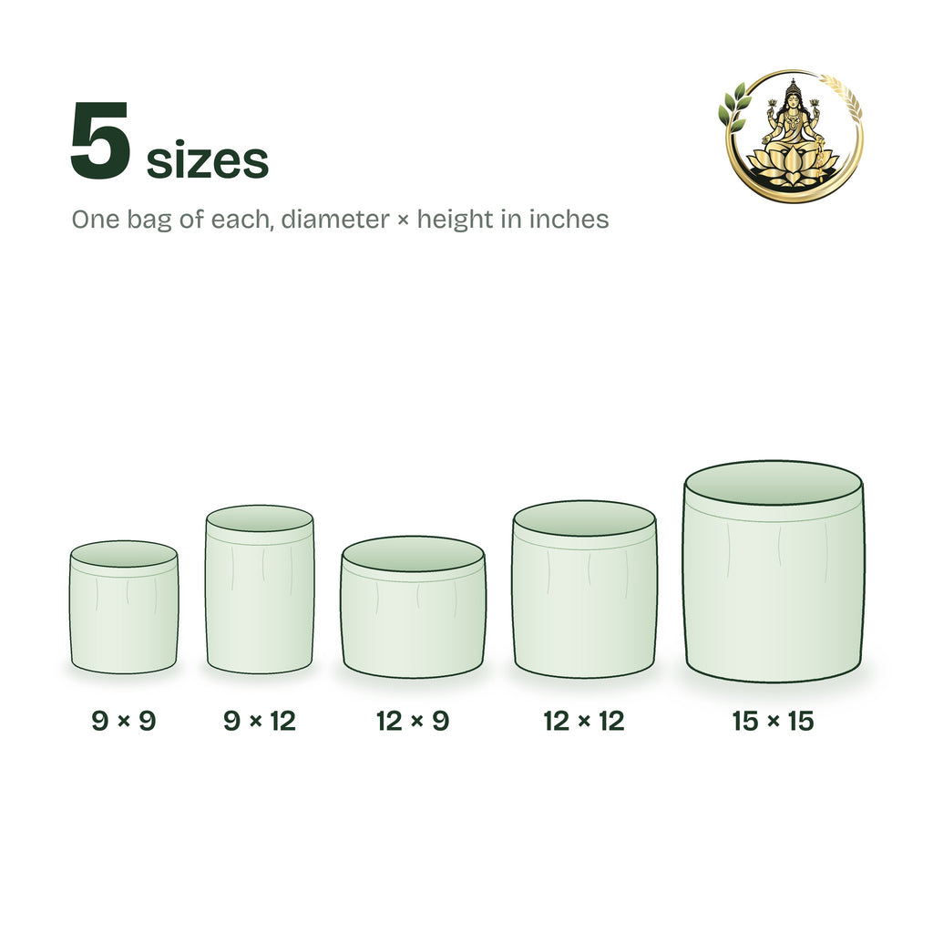 Size guide showing the five combo bags side by side: 9 × 9, 9 × 12, 12 × 9, 12 × 12 and 15 × 15 inch