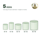 Size guide showing the five combo bags side by side: 9 × 9, 9 × 12, 12 × 9, 12 × 12 and 15 × 15 inch
