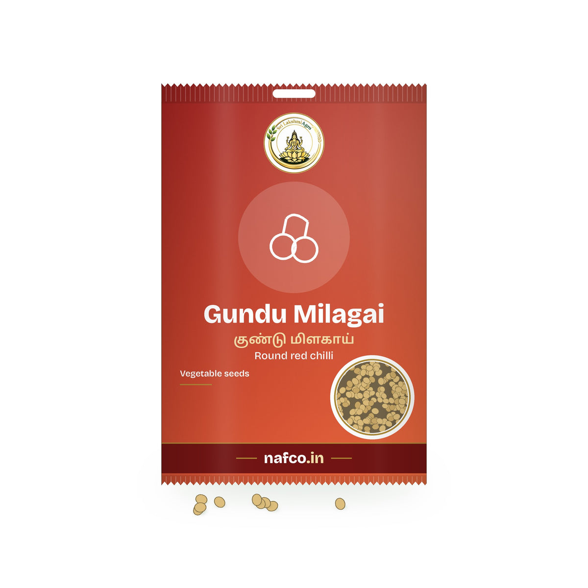 Gundu Milagai Seeds (Round Red Chilli): Sri Lakshmi Agro seed packet with a window showing the seeds