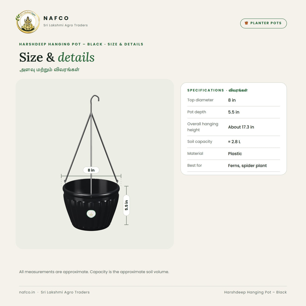 Harshdeep Hanging Pot – Black – size and details