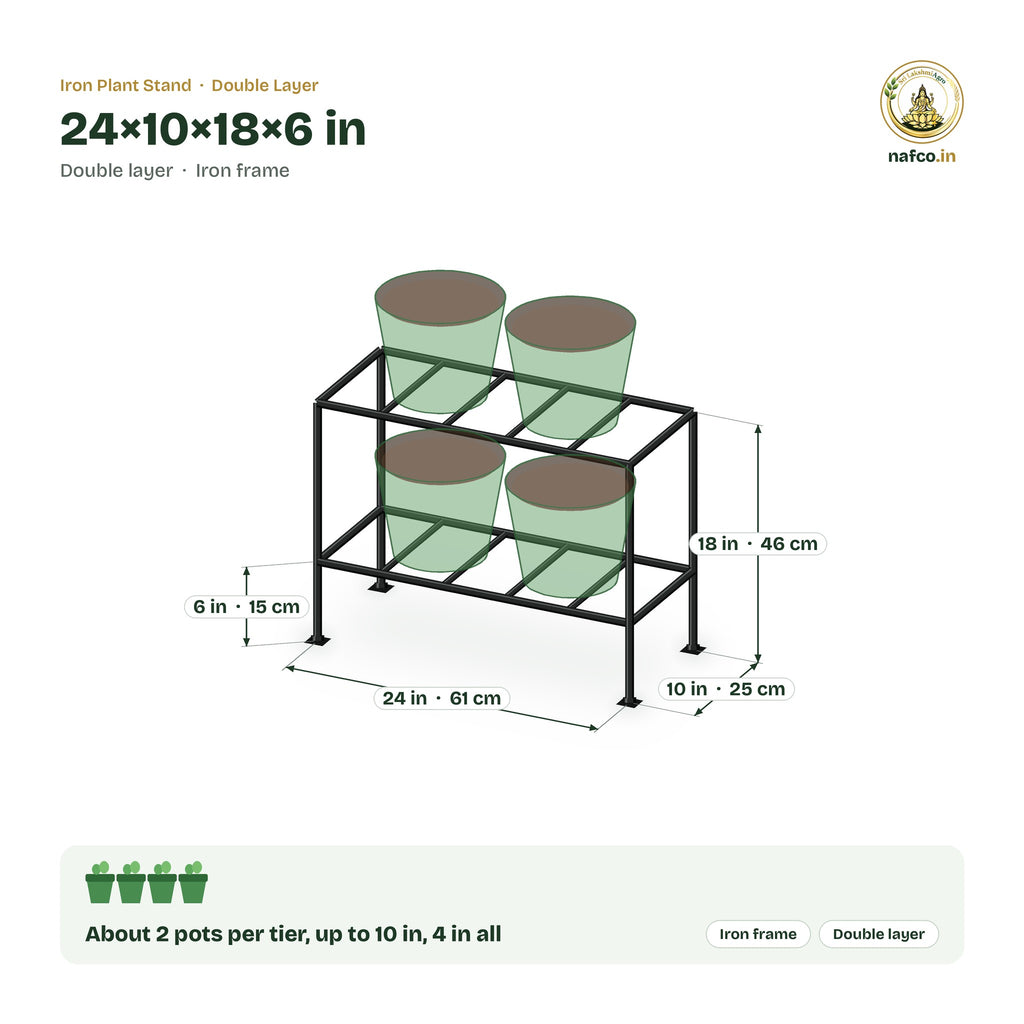 Iron Double Layer Stand – 24×10×18×6 in size guide with dimensions and how many pots it holds