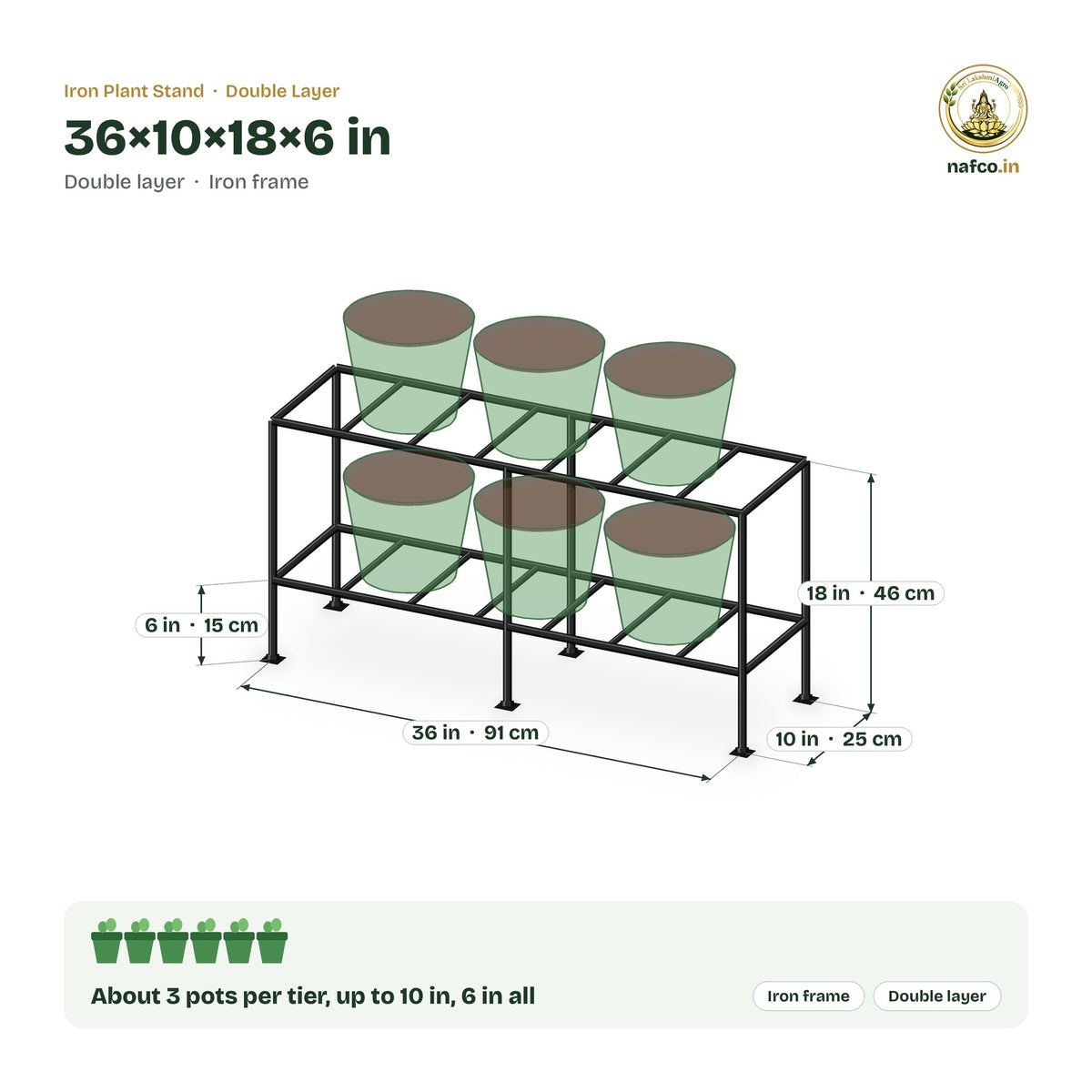 Iron Double Layer Stand – 36×10×18×6 in size guide with dimensions and how many pots it holds