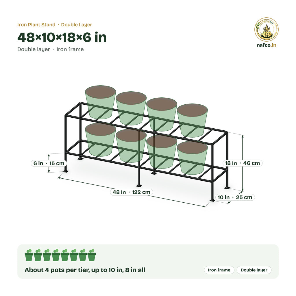 Iron Double Layer Stand – 48×10×18×6 in size guide with dimensions and how many pots it holds