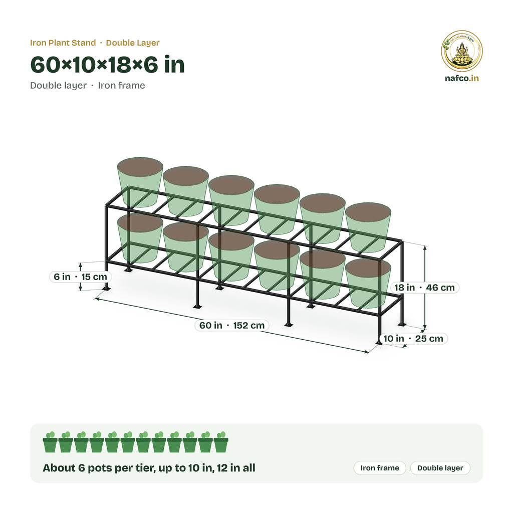 Iron Double Layer Stand – 60×10×18×6 in size guide with dimensions and how many pots it holds