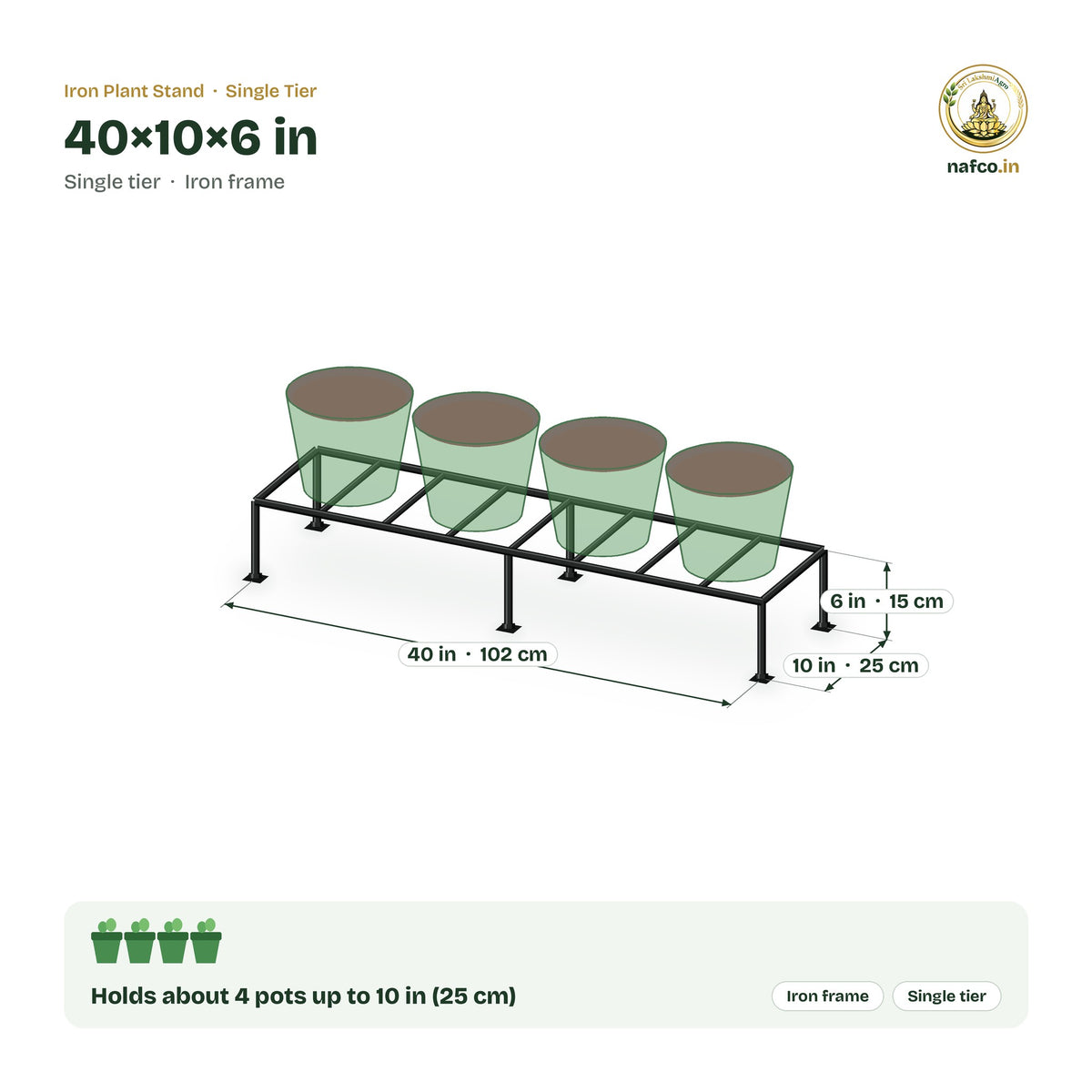 Iron Plant Stand – 40×10×6 in size guide with dimensions and how many pots it holds