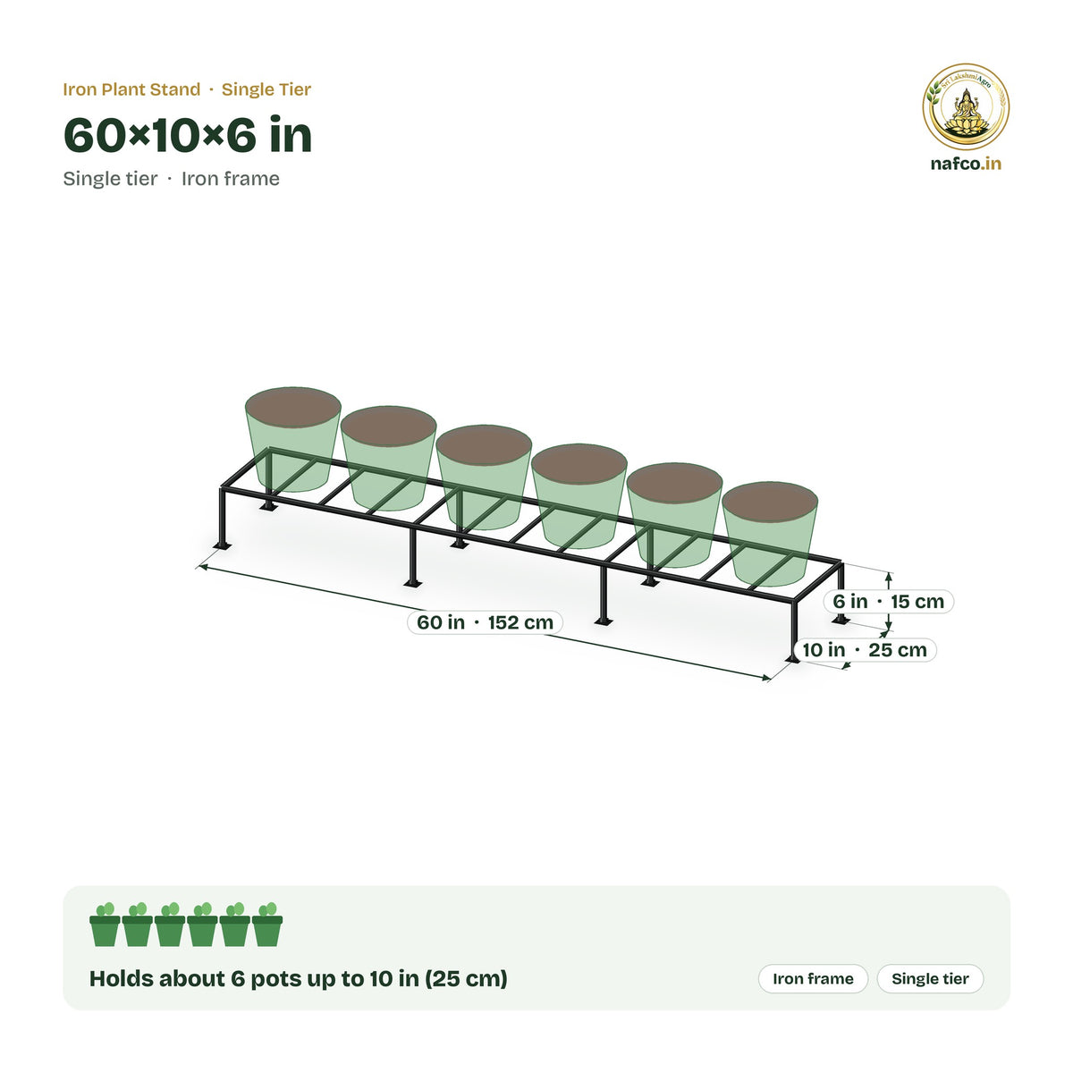 Iron Plant Stand – 60×10×6 in size guide with dimensions and how many pots it holds