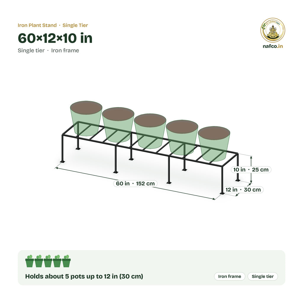 Iron Plant Stand – 60×12×10 in size guide with dimensions and how many pots it holds