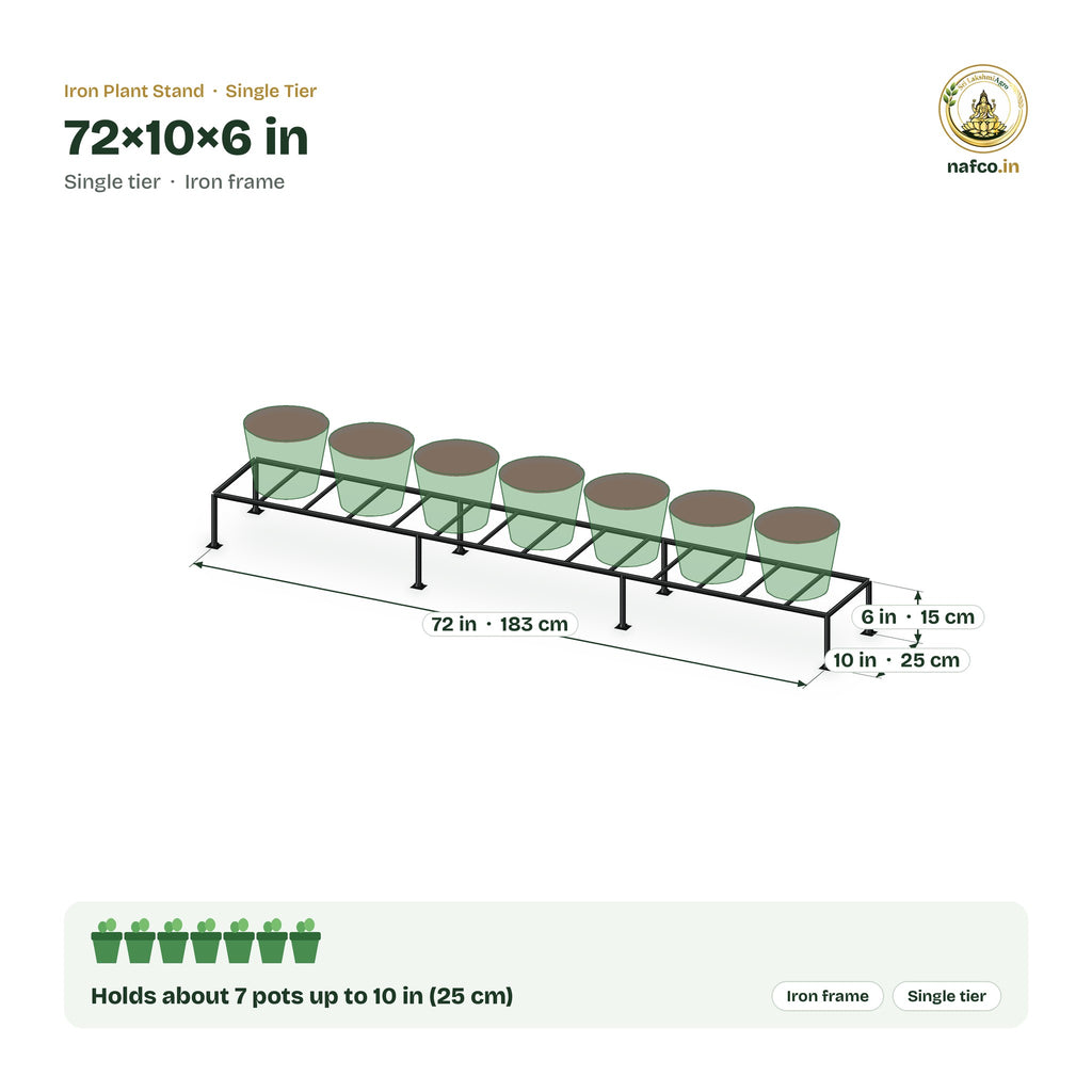 Iron Plant Stand – 72×10×6 in size guide with dimensions and how many pots it holds