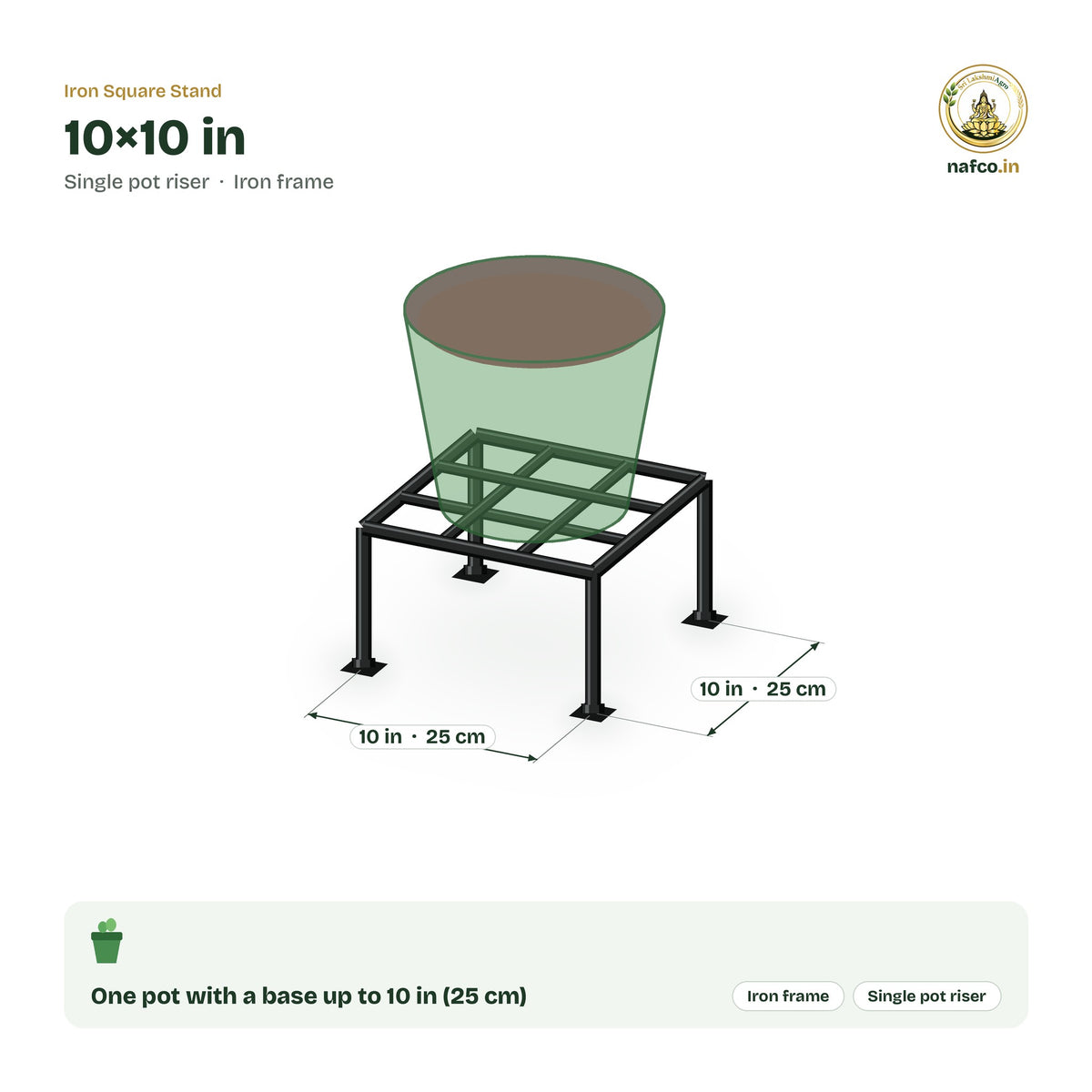 Iron Square Stand – 10×10 in size guide with dimensions and how many pots it holds