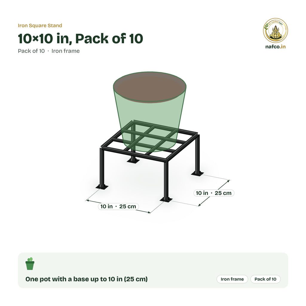 Iron Square Stand – 10×10 in, Pack of 10 size guide with dimensions and how many pots it holds