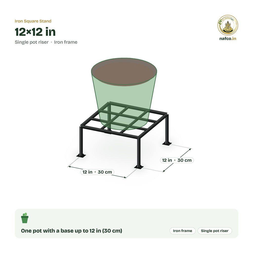 Iron Square Stand – 12×12 in size guide with dimensions and how many pots it holds