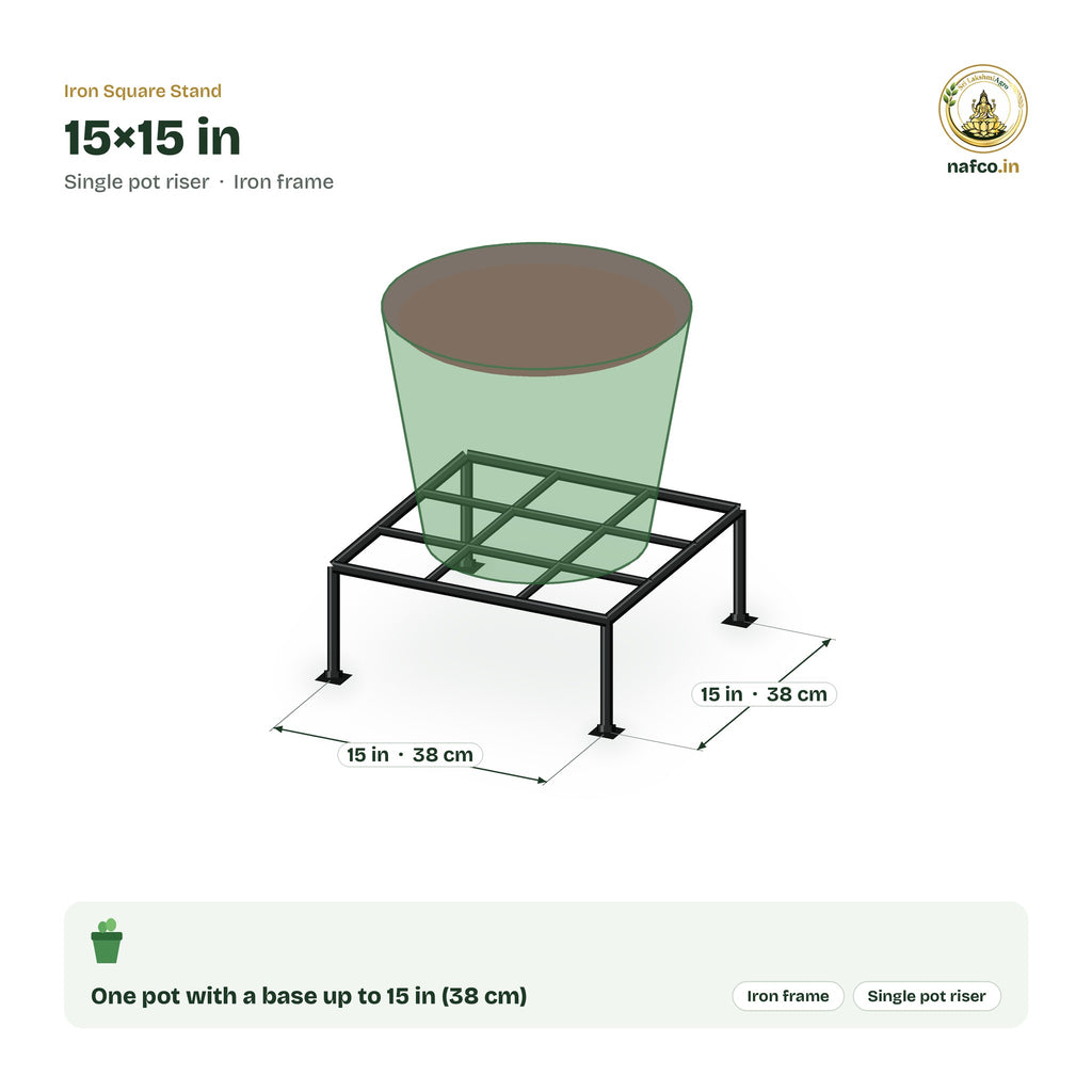 Iron Square Stand – 15×15 in size guide with dimensions and how many pots it holds