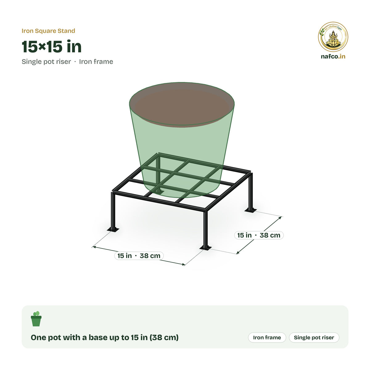 Iron Square Stand – 15×15 in size guide with dimensions and how many pots it holds