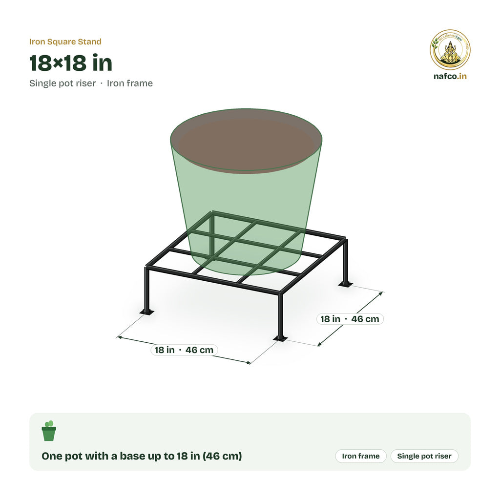 Iron Square Stand – 18×18 in size guide with dimensions and how many pots it holds