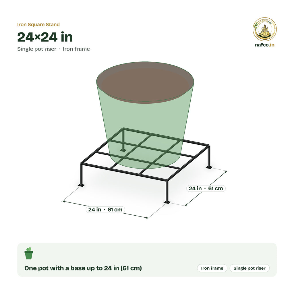 Iron Square Stand – 24×24 in size guide with dimensions and how many pots it holds