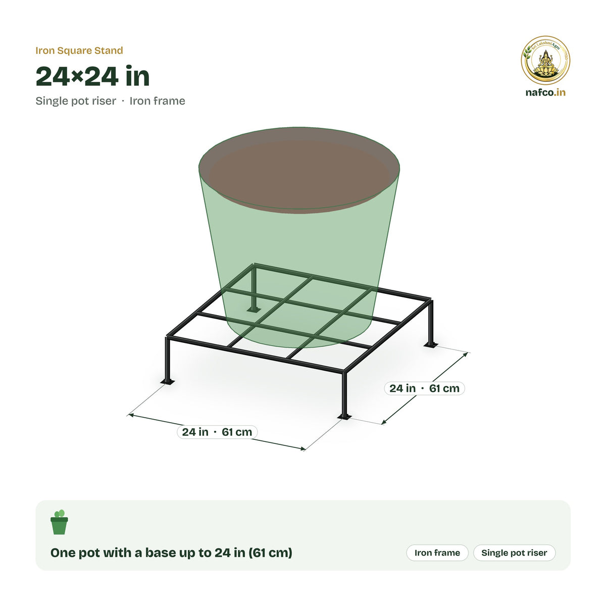 Iron Square Stand – 24×24 in size guide with dimensions and how many pots it holds