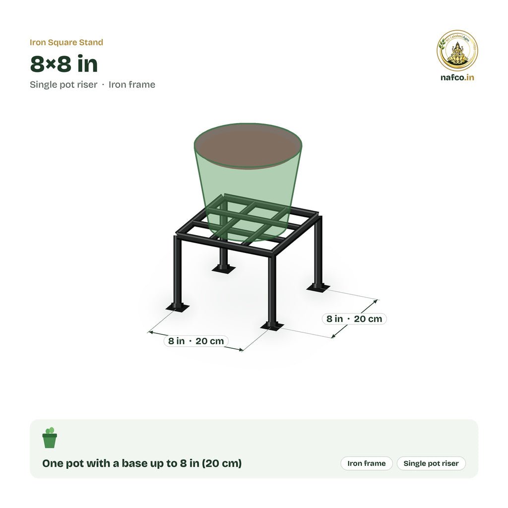 Iron Square Stand – 8×8 in size guide with dimensions and how many pots it holds