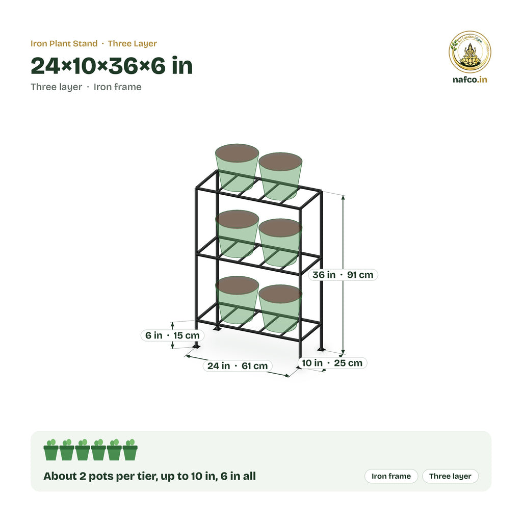 Iron Three Layer Stand – 24×10×36×6 in size guide with dimensions and how many pots it holds
