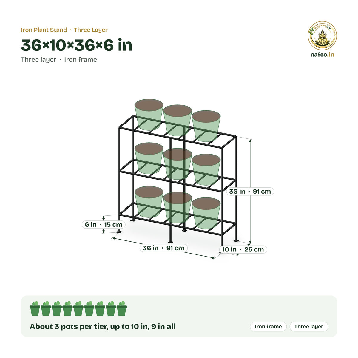 Iron Three Layer Stand – 36×10×36×6 in size guide with dimensions and how many pots it holds