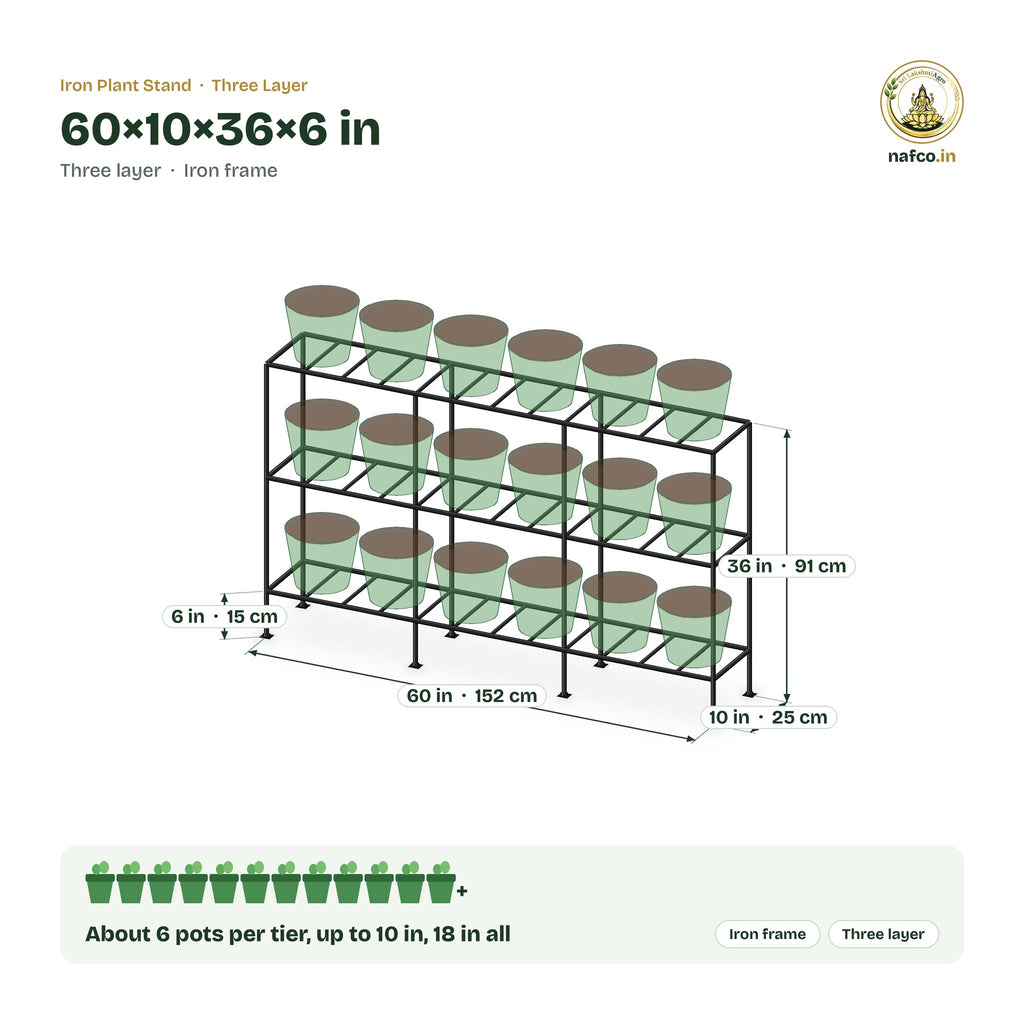 Iron Three Layer Stand – 60×10×36×6 in size guide with dimensions and how many pots it holds