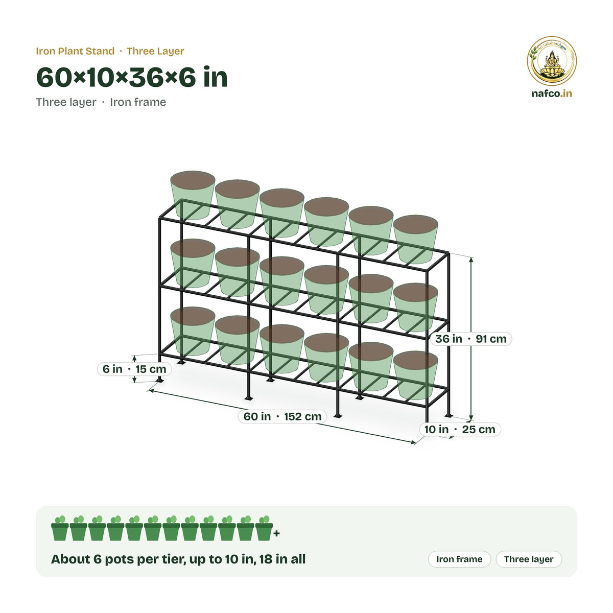 Iron Three Layer Stand – 60×10×36×6 in size guide with dimensions and how many pots it holds