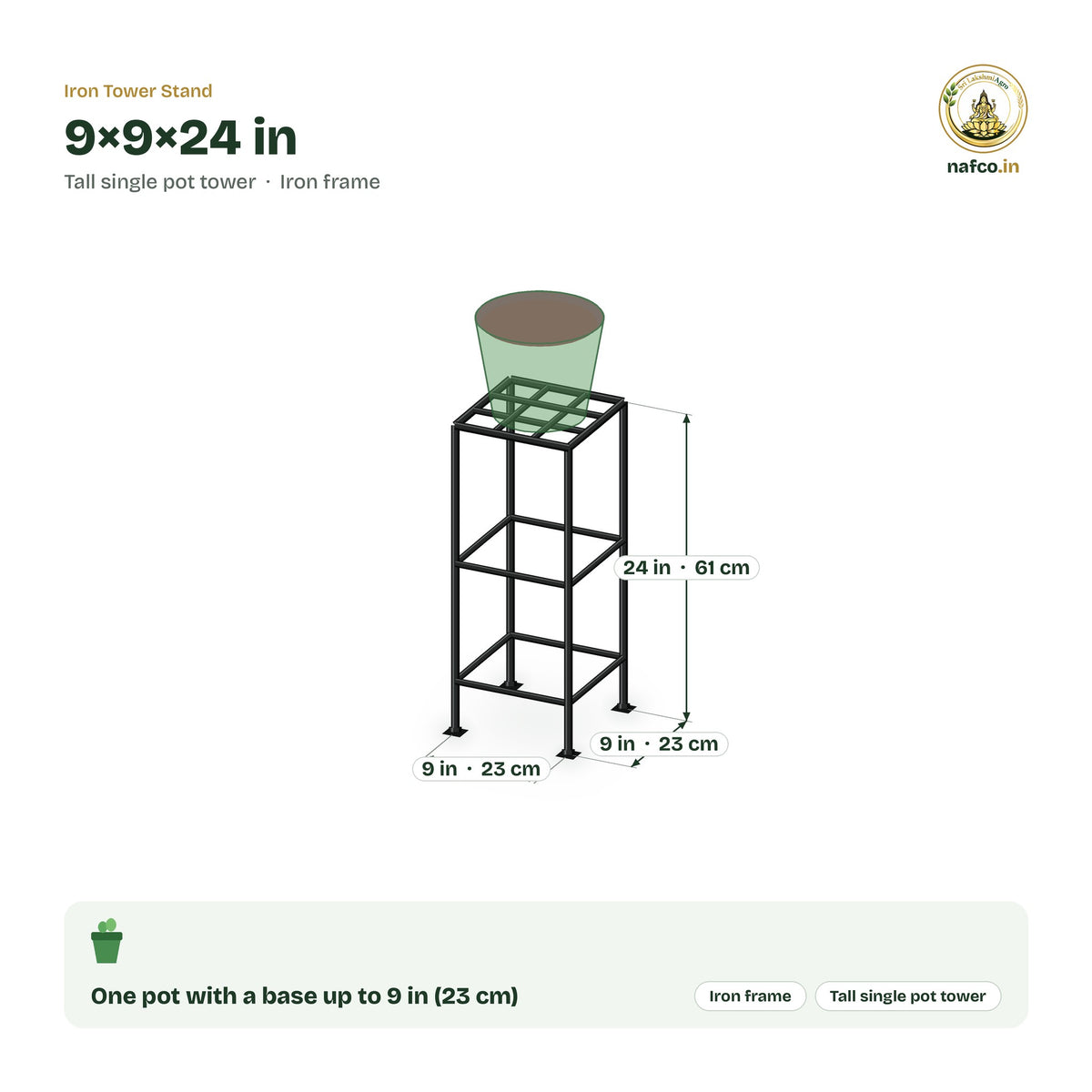 Iron Tower Stand – 9×9×24 in size guide with dimensions and how many pots it holds