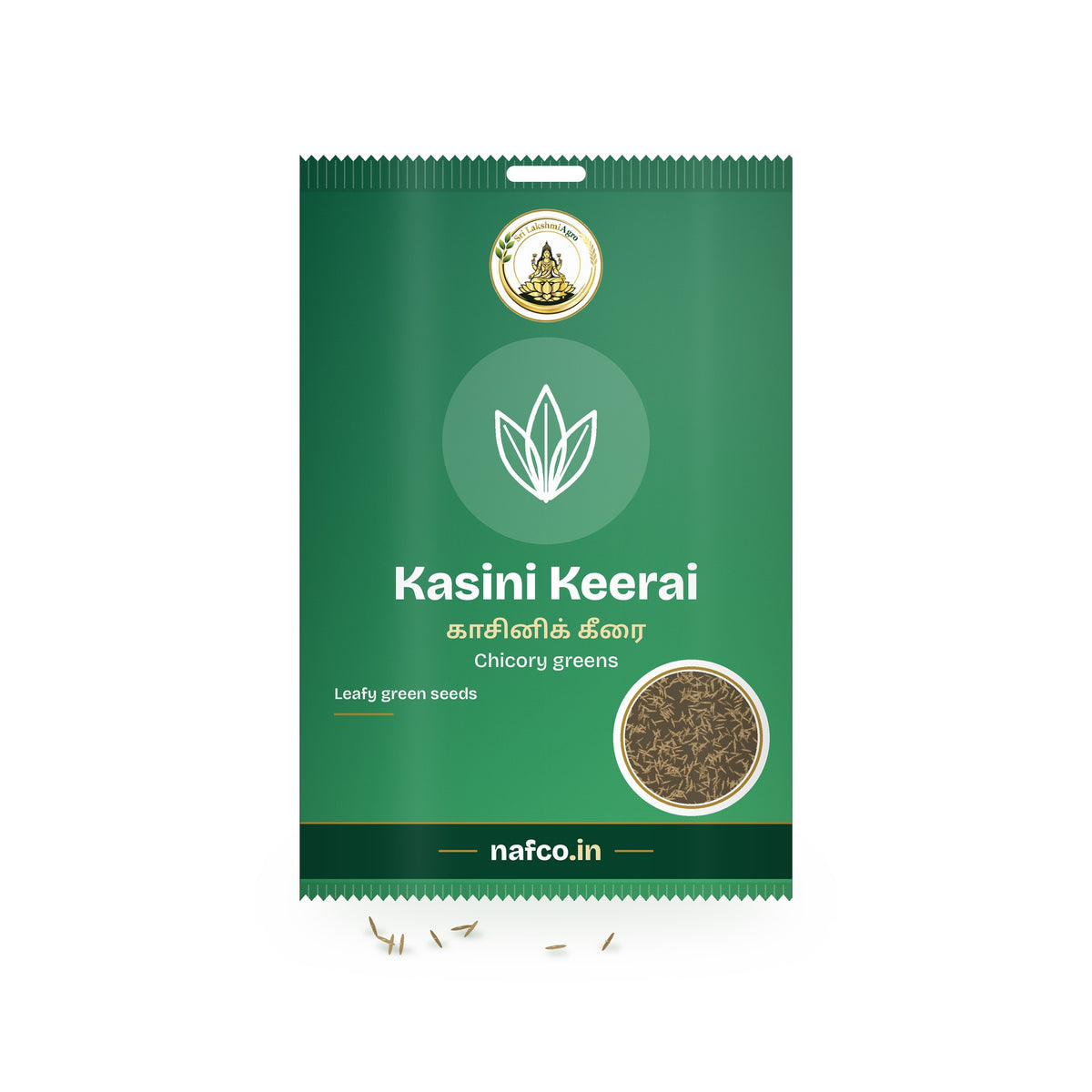 Kasini Keerai Seeds: Sri Lakshmi Agro seed packet with a window showing the seeds