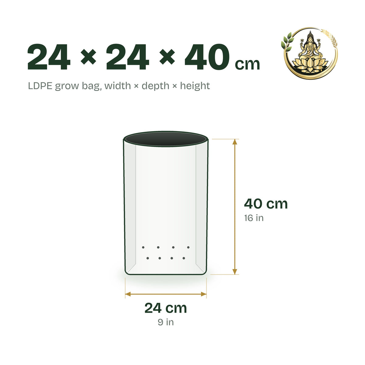 Size guide for the 24 × 24 × 40 cm LDPE grow bag