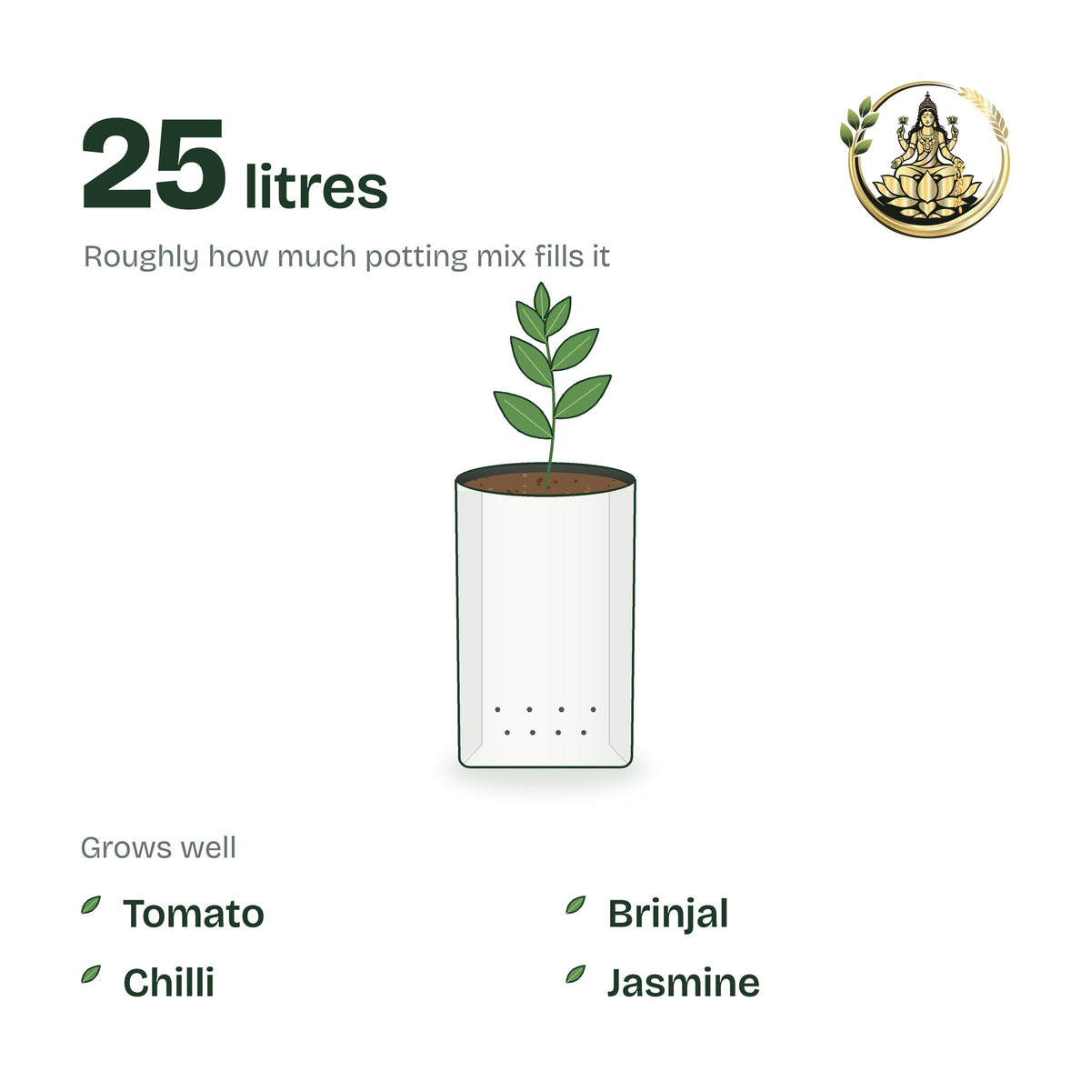 24 × 24 × 40 cm grow bag filled with potting mix and a young plant; holds about 25 litres; suits tomato, brinjal, chilli and jasmine