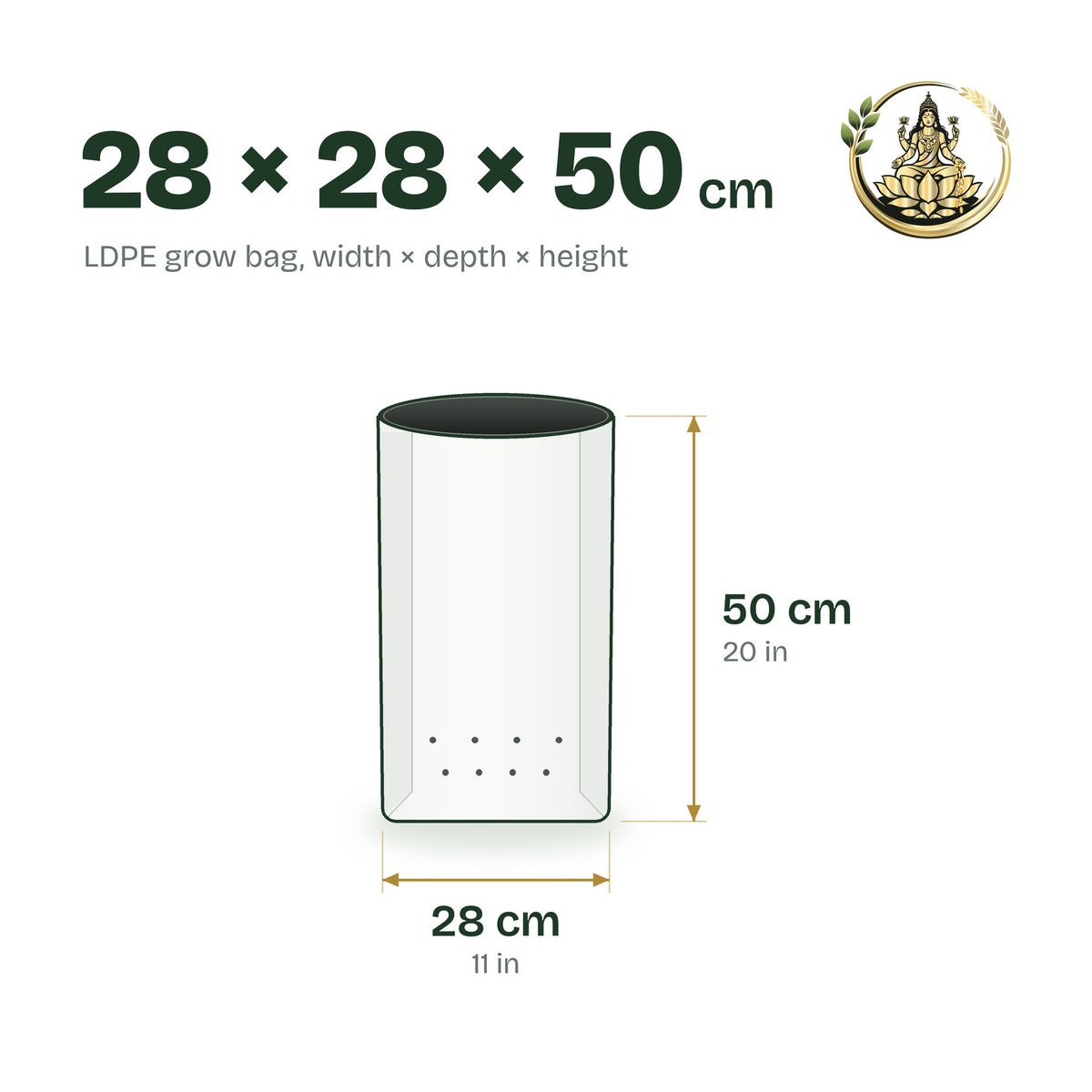 Size guide for the 28 × 28 × 50 cm LDPE grow bag