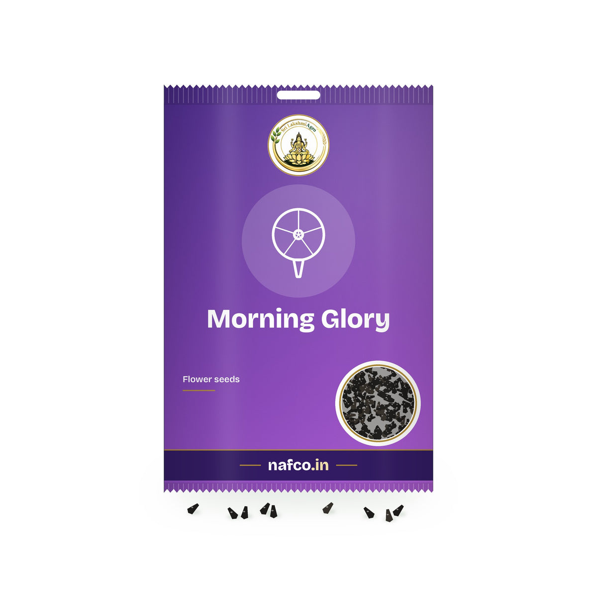 Morning Glory Seeds: Sri Lakshmi Agro seed packet with a window showing the seeds
