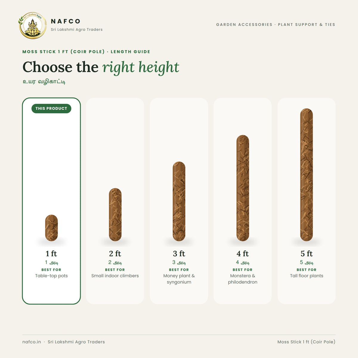 Moss Stick 1 ft (Coir Pole) – length guide