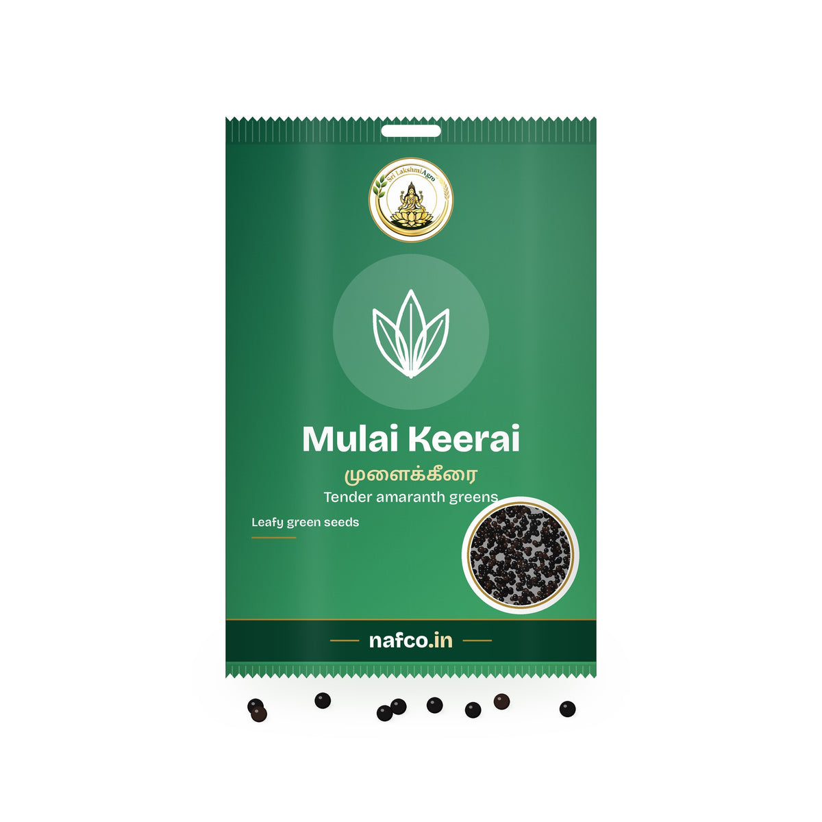 Mulai Keerai Seeds: Sri Lakshmi Agro seed packet with a window showing the seeds