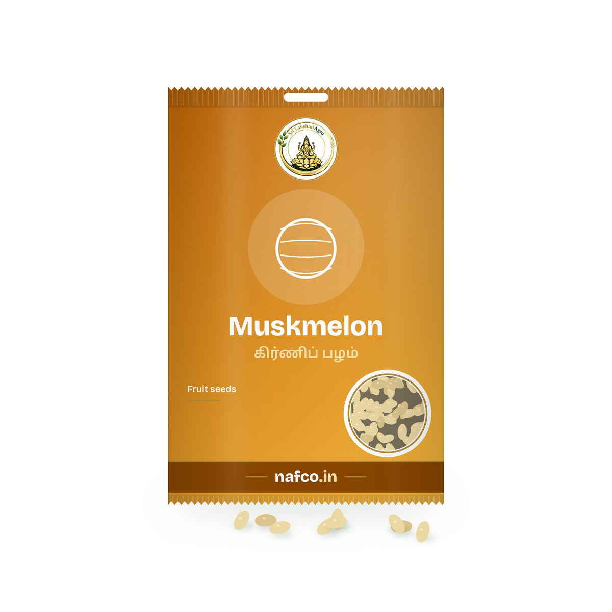 Muskmelon Seeds: Sri Lakshmi Agro seed packet with a window showing the seeds