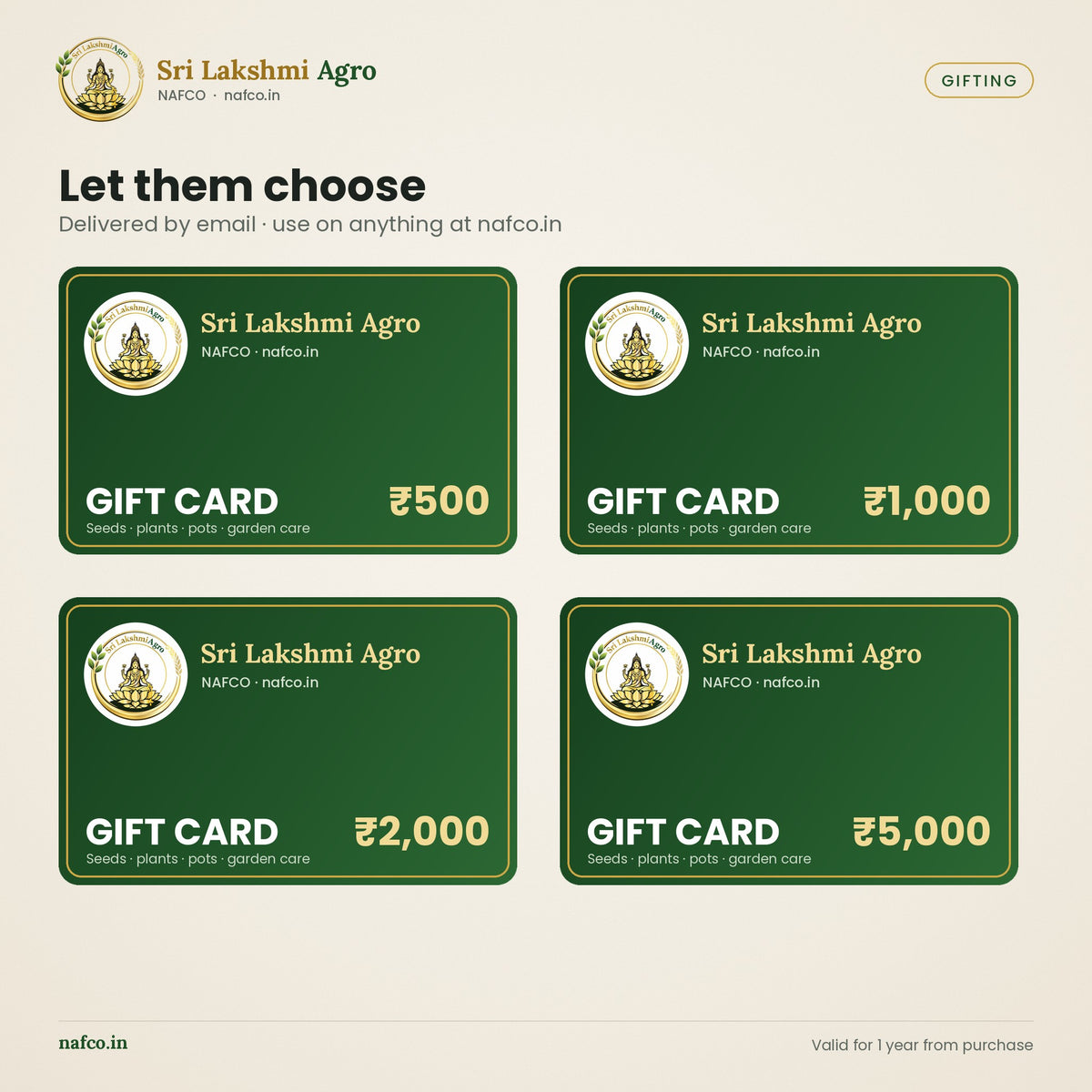 Sri Lakshmi Agro Gift Card – values