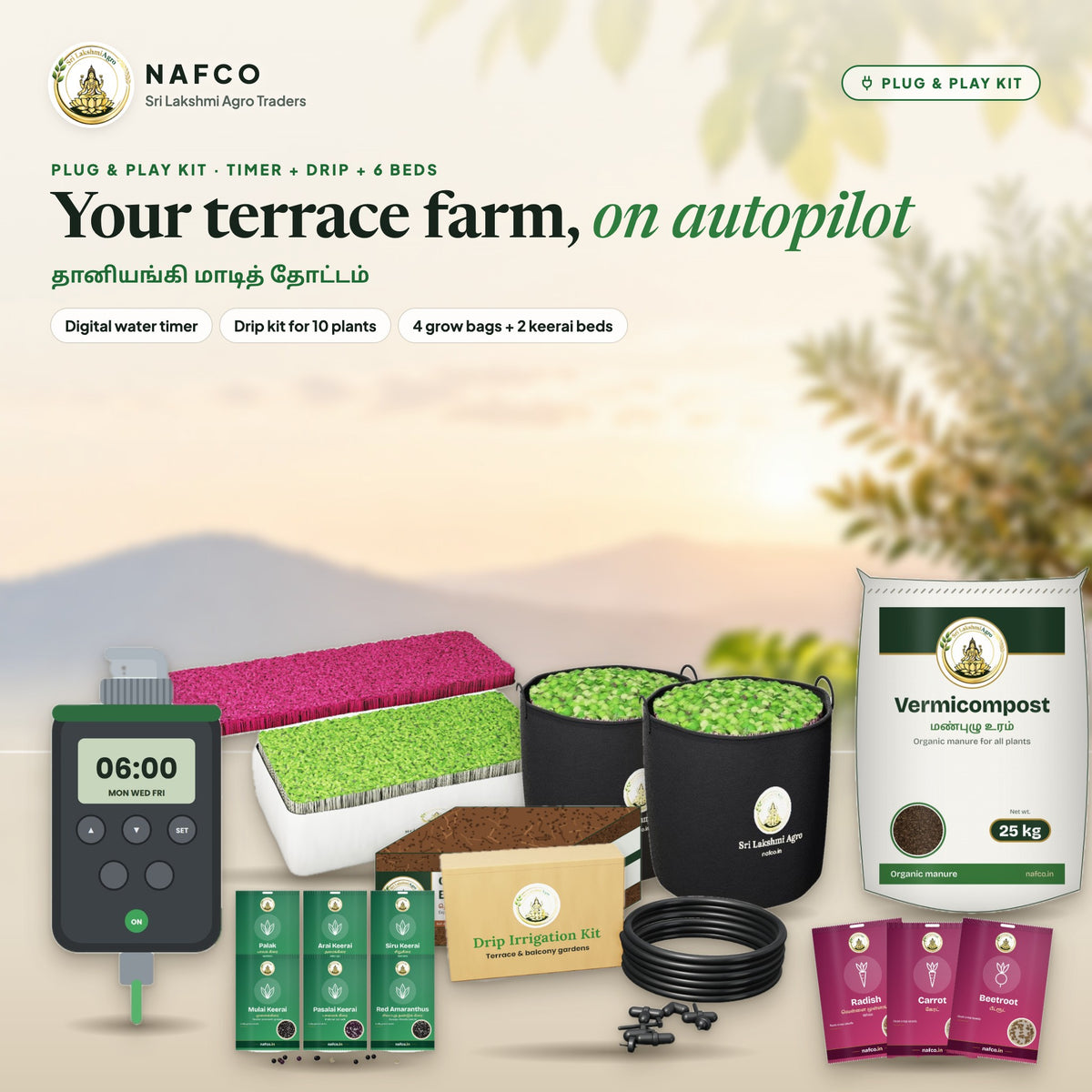 Plug & Play Auto Terrace Farm – Timer + Drip + 6 Beds – the kit on a terrace