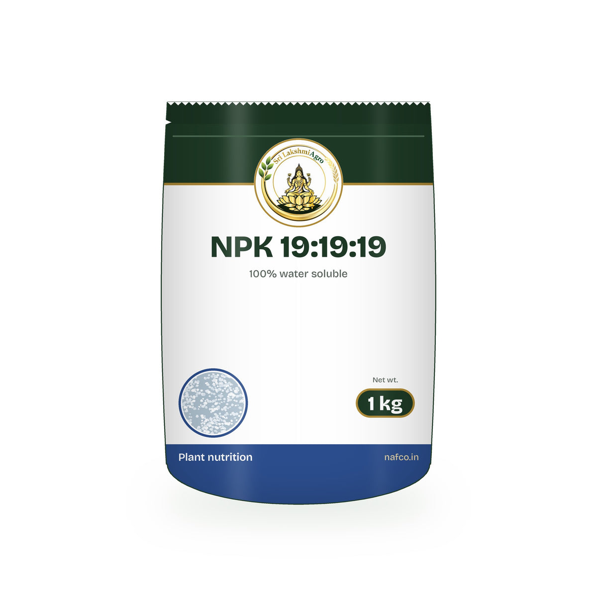 NPK 19:19:19 – 1 kg in a Sri Lakshmi Agro stand-up pouch