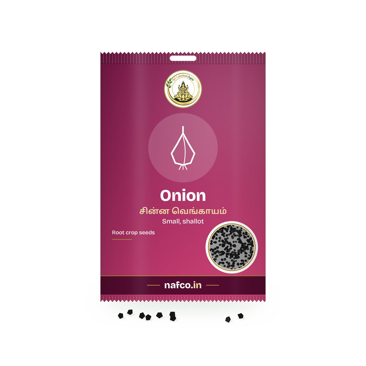 Onion Seeds – Small (Shallot): Sri Lakshmi Agro seed packet with a window showing the seeds